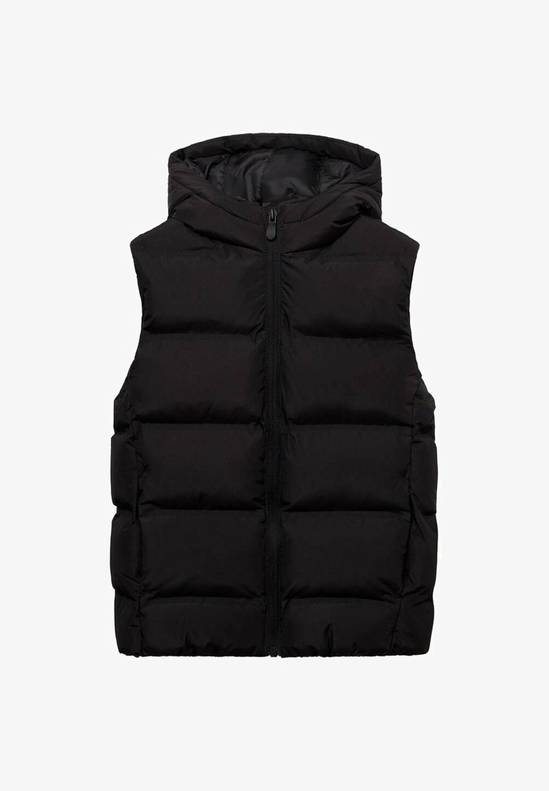 Vesta puffer neagră cu glugă, cu fermoar frontal, design matlasat și o textură netedă. Fără mâneci, oferind izolație și căldură.