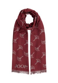Écharpe bordeaux à la texture douce ornée de motifs d'oiseaux argentés et du texte "JOOP!". Les extrémités à franges ajoutent du détail à la conception.