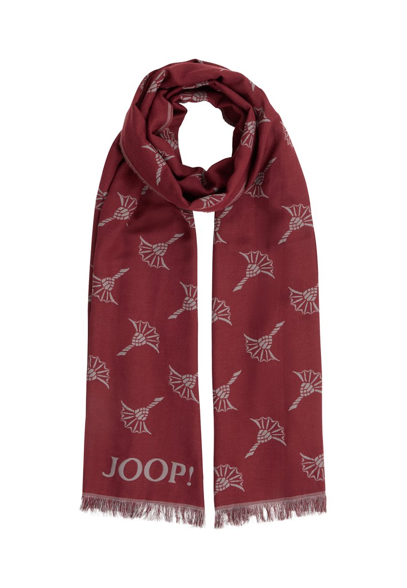 Écharpe bordeaux à la texture douce ornée de motifs d'oiseaux argentés et du texte "JOOP!". Les extrémités à franges ajoutent du détail à la conception.