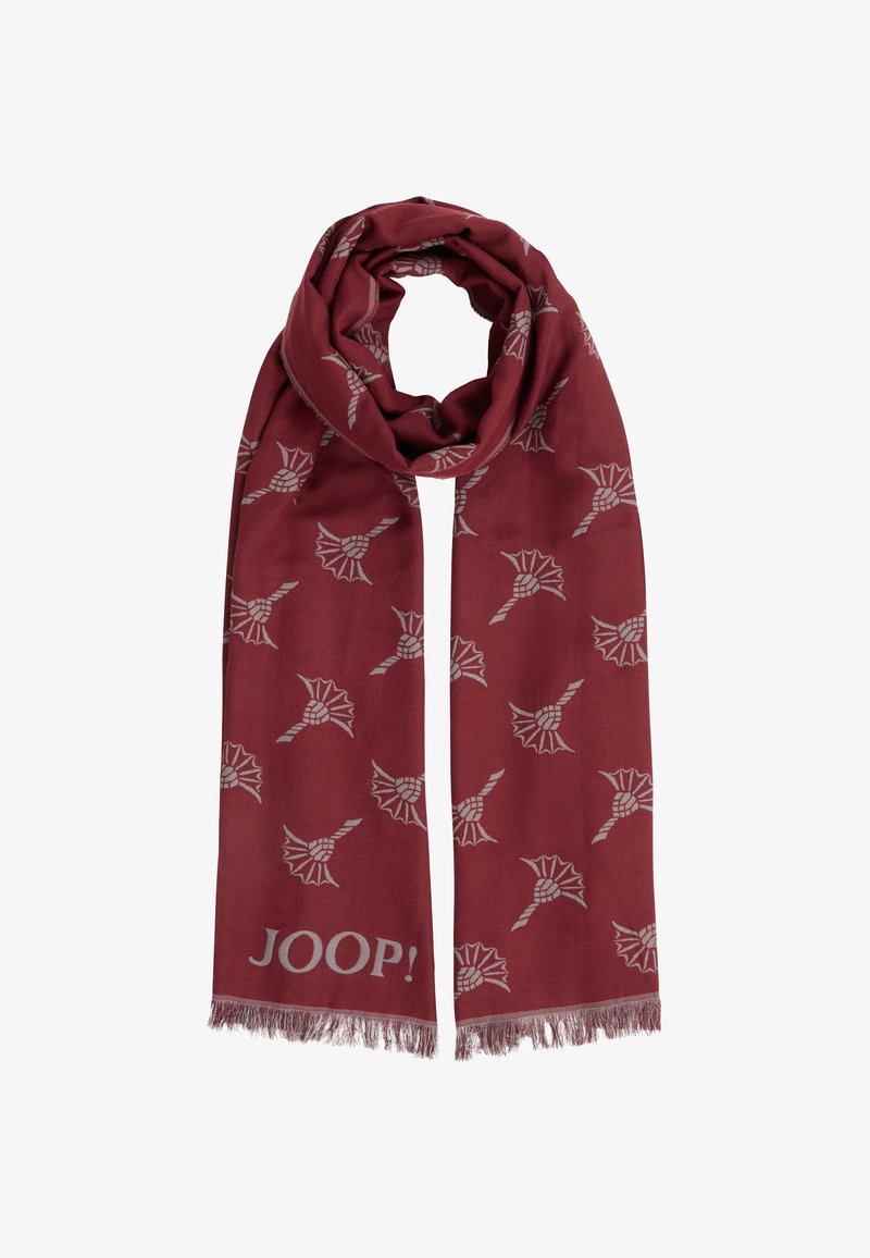 Burgunderfarbener Schal mit weicher Textur, der silberne Vogelmuster und den Text "JOOP!" zeigt. Fransenenden verleihen dem Design zusätzliche Details.