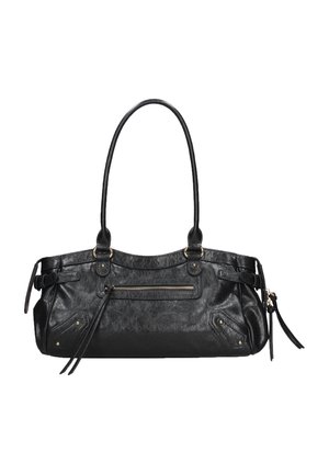 Schwarze Lederhandtasche mit langen Trägern, Frontreißverschlusstasche, seitlichen Schnallen und dekorativen Steppnähten.