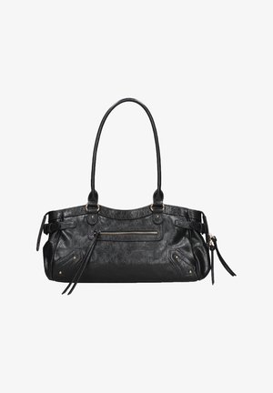 Borsa a mano in pelle nera con lunghi cinturini, tasca frontale con zip, fibbie laterali e dettagli di cucitura decorativa.