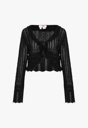 Czarny dziergany kardigan z otwartym przodem, falbaniastymi krawędziami, długimi rękawami i skróconym dołem. Wzorzysty faktura dodaje wizualnego zainteresowania.