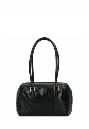 Black leather handbag with two long handles, rectangular shape, smooth texture, silver hardware, and subtle branding on the front.