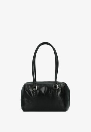 Black leather handbag with two long handles, rectangular shape, smooth texture, silver hardware, and subtle branding on the front.