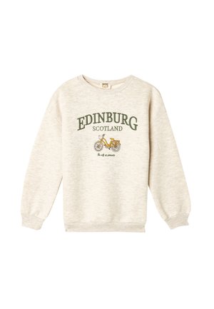 Lichtbeige sweatshirt met groene tekst "EDINBURG SCOTLAND" en een fietsafbeelding. Ribgebreide manchetten en zoom, gemaakt van zachte stof.