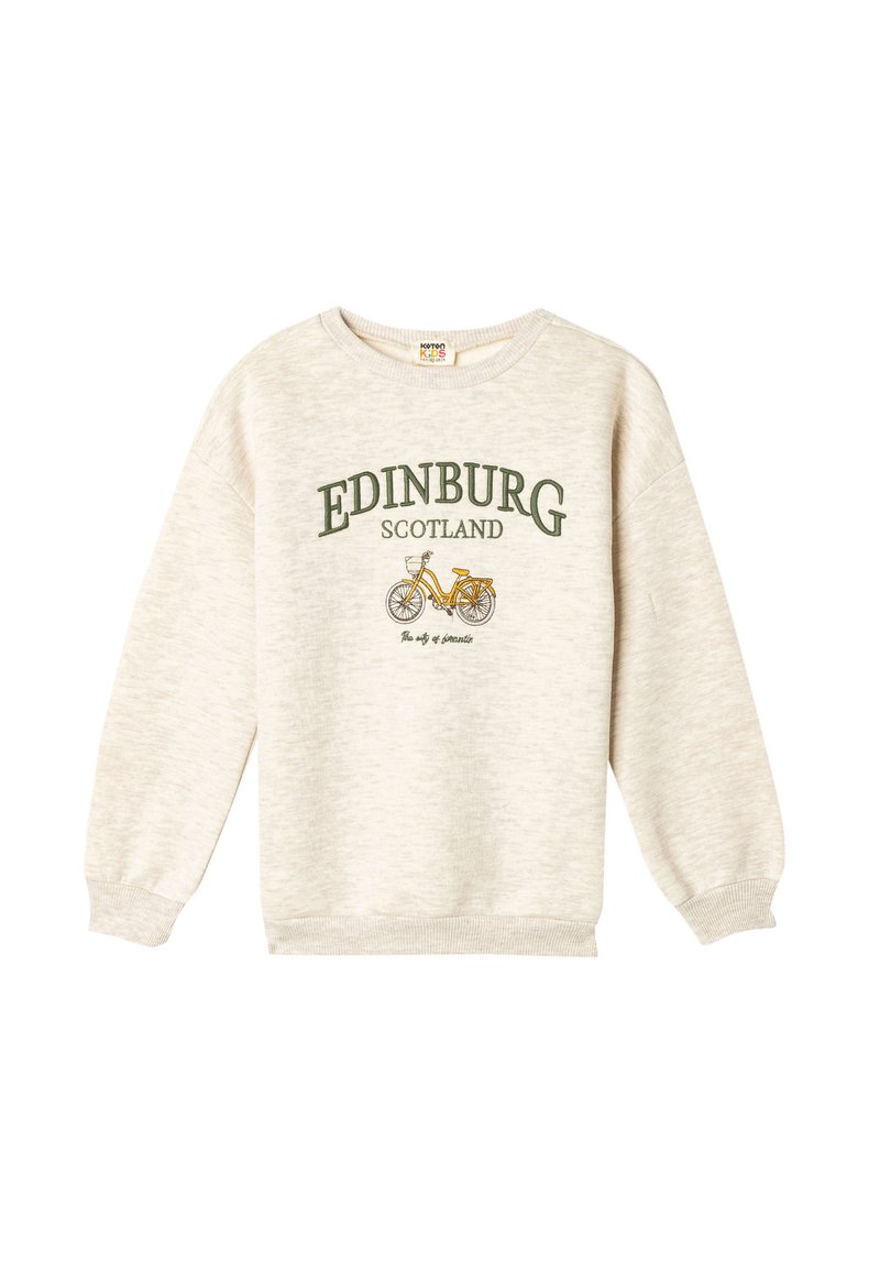 Sudadera de color beige claro con texto verde "EDINBURGH SCOTLAND" y un gráfico de bicicleta. Con puños y dobladillo acanalados, fabricada con un tejido suave.