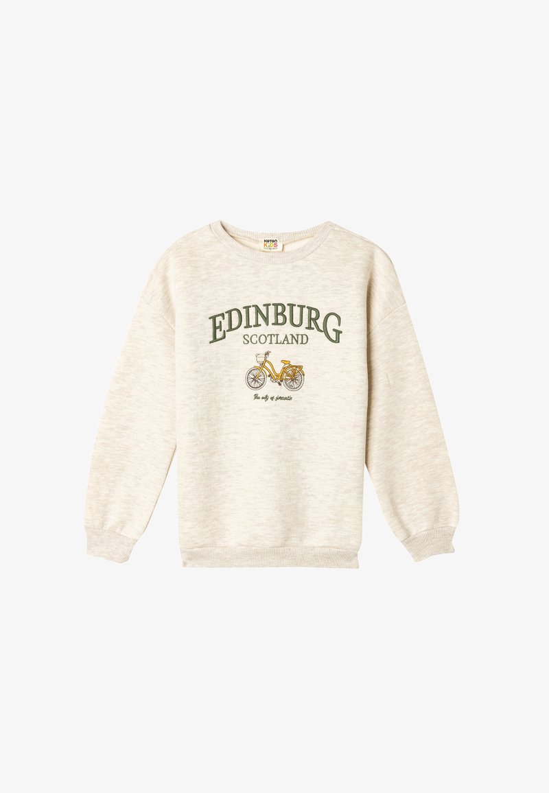 Lichtbeige sweatshirt met groene tekst "EDINBURG SCOTLAND" en een fietsafbeelding. Ribgebreide manchetten en zoom, gemaakt van zachte stof.