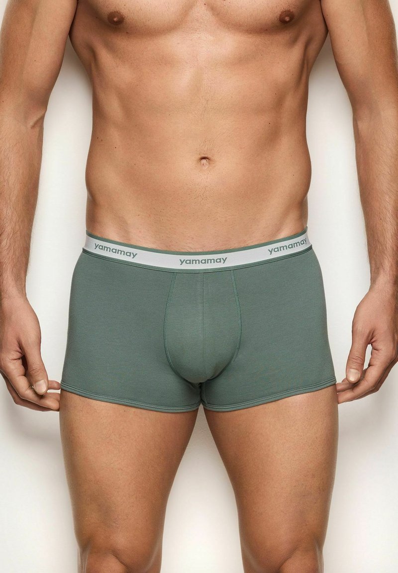 Boxer briefs verdes hechos de tela suave, con una cinturilla blanca de marca y un diseño ajustado con una textura lisa y costuras mínimas.