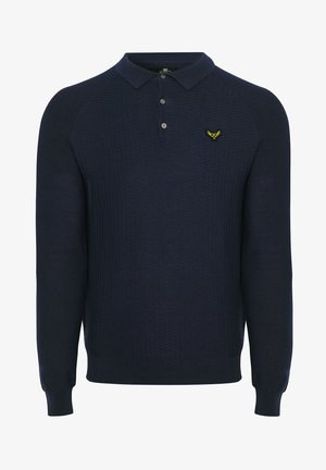 Navy blue long-sleeve polo shirt with a textured pattern, three-button placket, and embroidered logo on the left chest.