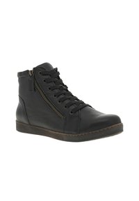 Bottines hautes en cuir noir avec une finition texturée, dotées de lacets et d'une fermeture éclair sur le côté, ainsi qu'une semelle brun contrastante.