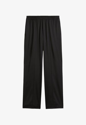 Fekete, laza szabású nadrág, rugalmas derékpánttal, oldalzsebekkel és sima textúrával. Egyszerű dizájn, látható minták nélkül.