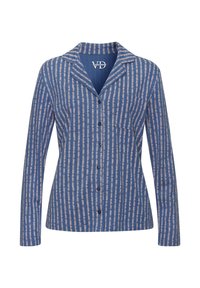 Plava košulja dugih rukava sa prugastim uzorkom u svijetlijim nijansama, zatvaranje na dugmad, ovratnik i džep na prsima. Mekana tkanina.