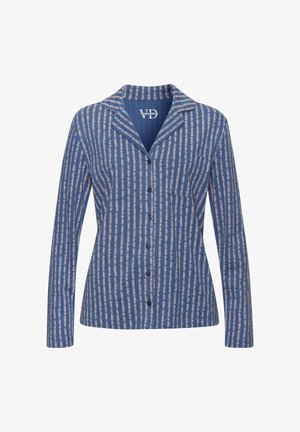 Zils garu piedurknu krekls ar svītru rakstu gaišākos toņos, pogu aizdare, apkakle un krūšu kabata. Mīksta teksturēta auduma.