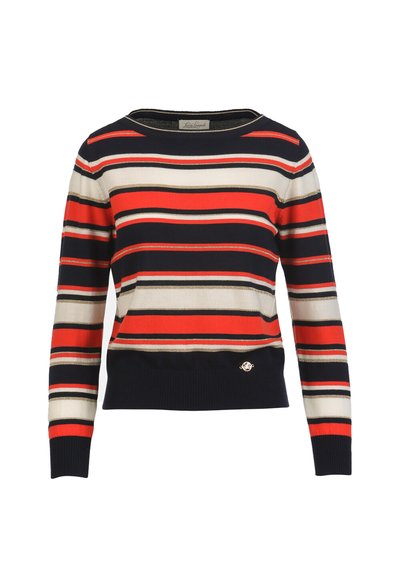 Pull en maille rayé avec encolure ronde, présentant des rayures rouges, bleu marine, crème et dorées, avec des poignets et un ourlet côtelés. Détail de la marque à la taille.