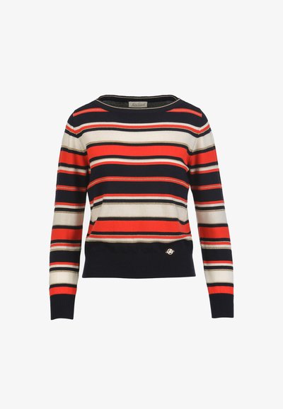 Pull en maille rayé avec encolure ronde, présentant des rayures rouges, bleu marine, crème et dorées, avec des poignets et un ourlet côtelés. Détail de la marque à la taille.