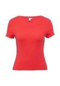 Rode geribbelde T-shirt met korte mouwen en een ronde halslijn, voorzien van ruches aan de mouwen. Gemaakt van zachte stof en heeft een getailleerde pasvorm.