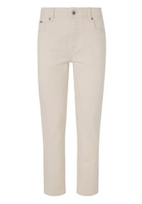 Beiga bomullsdenimbyxor med rak passform, framfickor och en enkel knappstängning. Har en subtil textur och minimalt med sömmar.