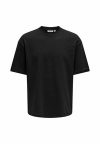 Zwart kortärm T-shirt met een ronde hals, gemaakt van zachte stof. Heeft een relaxte pasvorm en een rechte zoom zonder zichtbare patronen of accenten.