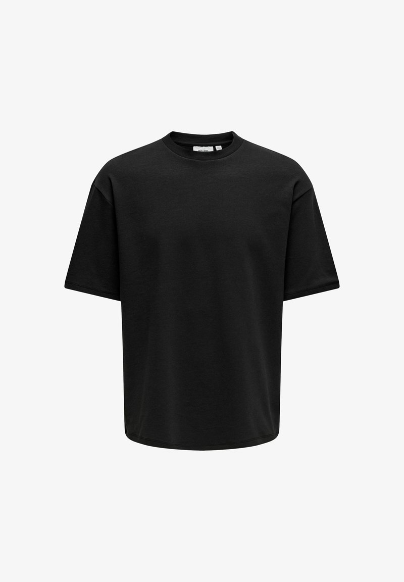 Black short-sleeve t-shirt with a crew neckline, made of soft fabric. Features a relaxed fit and straight hem with no visible patterns or accents.