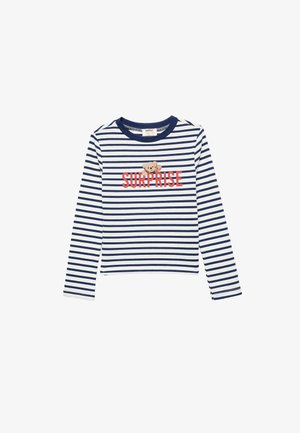 Gestreept langemouwshirt in marineblauw en wit, met een beergraphic en de tekst "SURPRISE" in koraal. Ribbelstructuur, ronde hals.