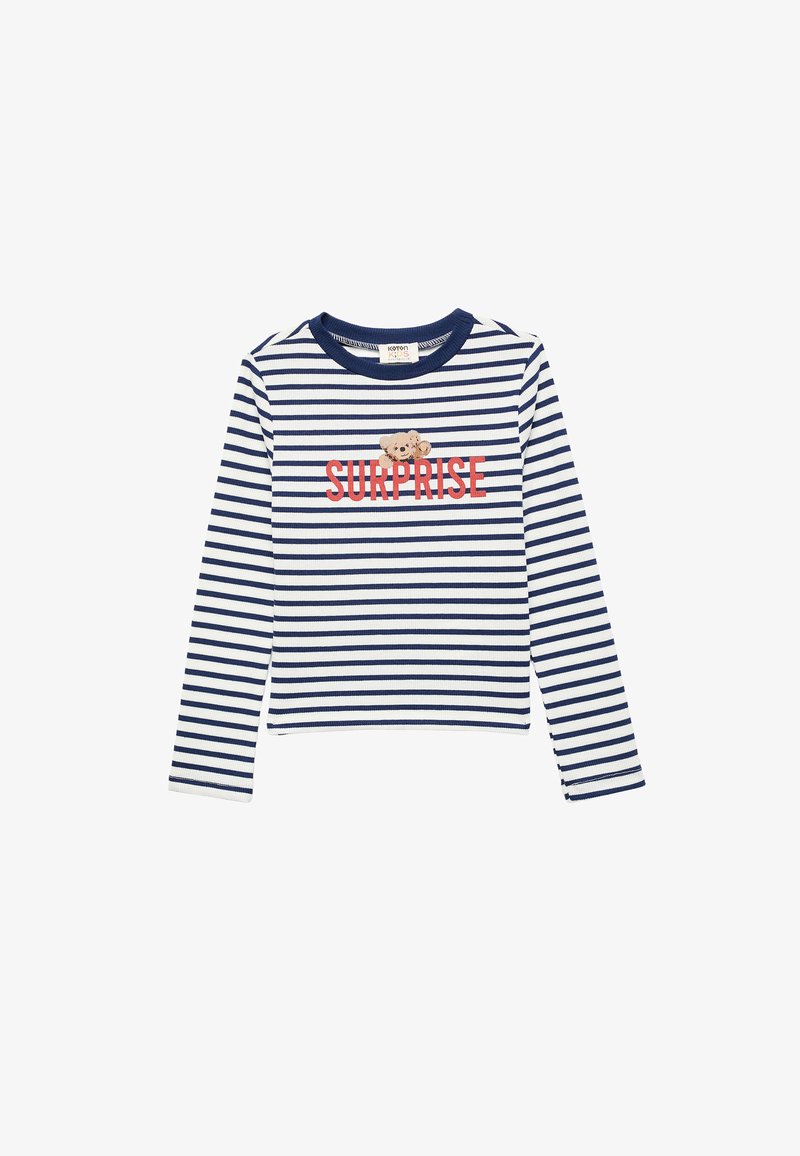 Camisa de manga larga a rayas en azul marino y blanco, con un gráfico de un oso y el texto "SORPRESA" en color coral. Textura acanalada, cuello redondo.