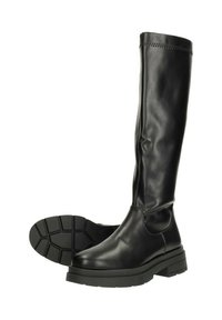 Zwarte leren laars tot de knie met een gladde textuur, dikke zwarte zool en een subtiele naaddetail aan de bovenkant. Kenmerkt zich door een ronde neus.