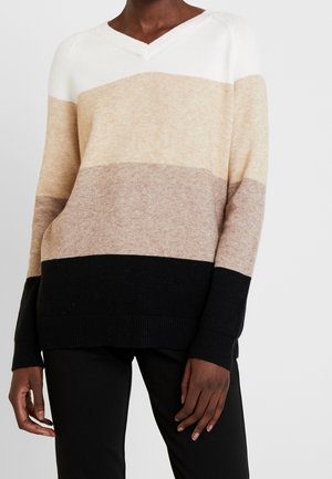 V-Ausschnitt-Pullover mit horizontalen Streifen in Weiß, Beige, Hellbraun und Schwarz. Hergestellt aus weichem Stoff mit gerippten Bündchen und Saum.