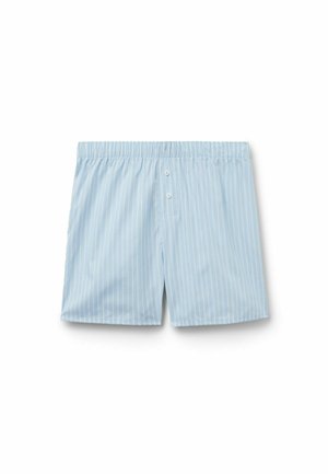Boxer homme bleu clair avec des rayures verticales blanches, taille élastique et deux boutons blancs sur le devant.
