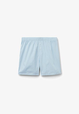 Boxer homme bleu clair avec des rayures verticales blanches, taille élastique et deux boutons blancs sur le devant.