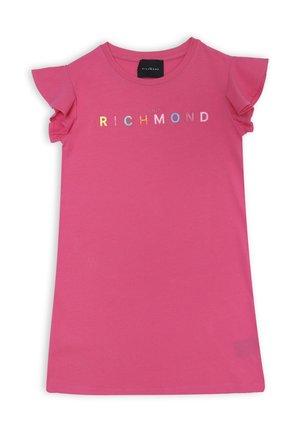 T-shirt rosa con maniche corte a volant, con la scritta "RICHMOND" in lettere multicolori sul davanti. Materiale in cotone morbido.