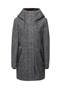 Manteau d'hiver gris texturé avec capuche, manches longues et deux poches latérales foncées sur fond blanc.