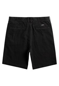 Pantaloni corti neri con un design semplice, davanti piatto, due tasche posteriori e un piccolo etichetta di marca sulla vita. Tessuto di cotone.