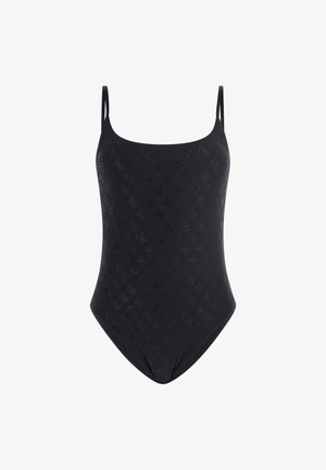 Melnā viengabala peldkostīms ar plānām siksnām, ar teksturētu rakstu un mērenu izgriezumu. Gluda auduma virsma ar smalku spīdumu.