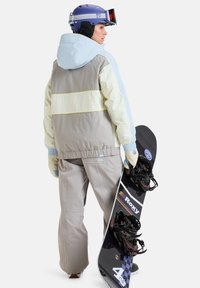 Snowboarder in een pastelkleurige color-block jas met grijze, blauwe en crèmekleurige secties. Grijze broek en houdt een zwarte snowboard met bindingen vast.