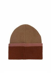 Wełniana czapka z jasnobrązowym czubkiem, różowym i ciemnobrązowym paskiem, z prążkowaną strukturą i zaokrąglonym kształtem.