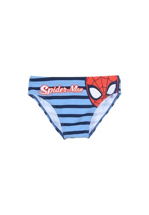 Blaue und marine gestreifte Jungen-Badebriefe mit Spider-Man-Grafik und Text auf der rechten Vorderseite.