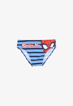 Blaue und marine gestreifte Jungen-Badebriefe mit Spider-Man-Grafik und Text auf der rechten Vorderseite.