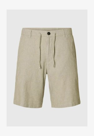 Bermuda in lino beige con vita regolabile, chiusura con bottone e tessuto testurizzato. Presenta tasche laterali e un design con vestibilità rilassata.