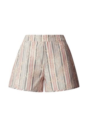 Shorts a vita alta con righe verticali multicolori e ricamo floreale in pizzo beige su tessuto leggero.