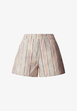 Shorts a vita alta con righe verticali multicolori e ricamo floreale in pizzo beige su tessuto leggero.