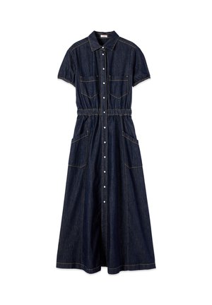 Abito midi in denim scuro con maniche corte, davanti con bottoni, vita elasticizzata, due tasche sul petto e due tasche a toppa laterali.