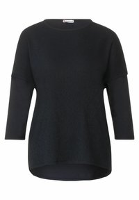 Schwarzes Oberteil mit rundem Ausschnitt, Dreiviertelärmeln und strukturiertem Finish. Das Design hat einen etwas längeren hinteren Saum.