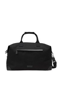 Schwarze Sporttasche aus strapazierfähigem Stoff, mit einem oberen Griff, verstellbarem Schultergurt, Reißverschluss-Vorderfach und Lederakzenten.