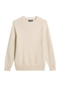 Beige Strickpullover mit rundem Ausschnitt, langen Raglanärmeln und gerippten Bündchen und Saum. Texturiertes Gewebe mit dezentem Muster.