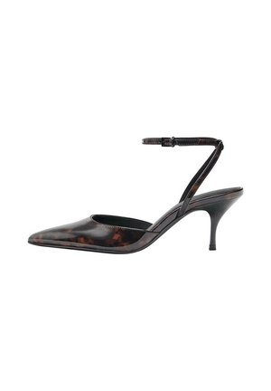 Escarpin slingback marron écaille à bout pointu avec fine bride à la cheville et talon kitten.