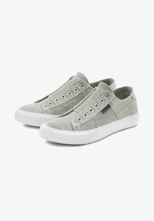 Grey canvas slip-on shoes with elastic panels, metal eyelets, and white rubber soles. Features stitched accents and a textured surface.