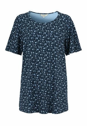 Marineblå kortærmet skjorte med spredt lille lyseblåt blomsterprint og rund halsudskæring.