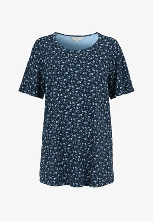 Marineblå kortærmet skjorte med spredt lille lyseblåt blomsterprint og rund halsudskæring.