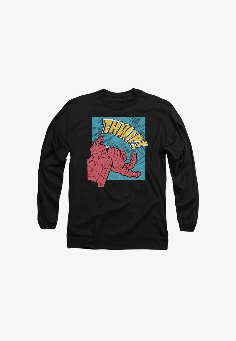 Schwarzes Langarmshirt mit einem Comic-Stil Grafik eines roten Spinnennetzes und dem Wort "THWIP!" auf blauem Hintergrund.